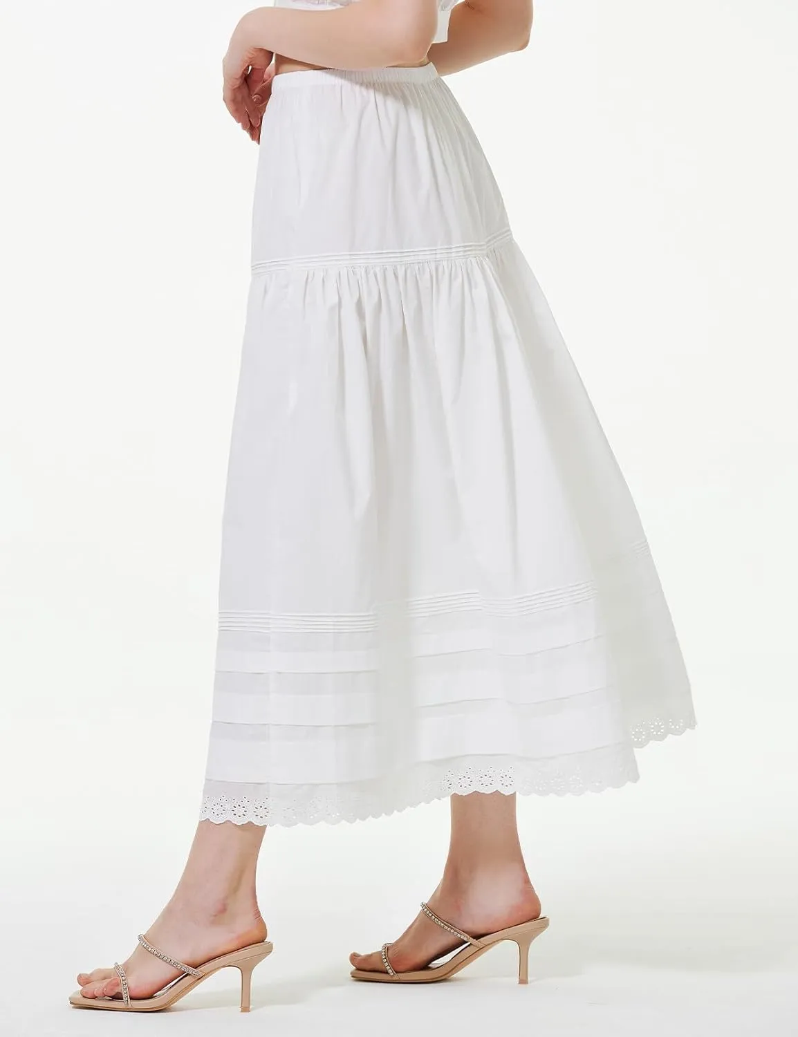 BEAUTELICATE Women Edwardian Long Skirt A-Line Lace Trim Pintuck Tier Skirt 100% Cotton
