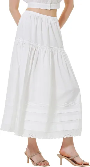 BEAUTELICATE Women Edwardian Long Skirt A-Line Lace Trim Pintuck Tier Skirt 100% Cotton