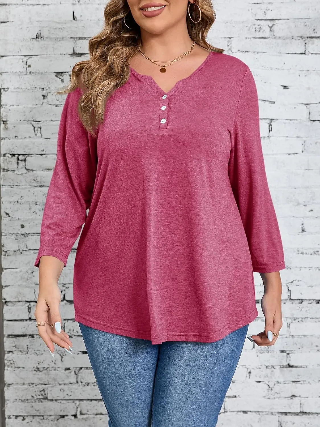 Beautife Womens Plus Size T-Shirts V Neck 3/4 Sleeve Tops Fall Henley Shirts Casual Basic Loose Fit Blouses