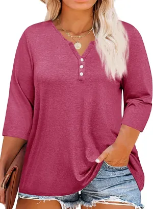 Beautife Womens Plus Size T-Shirts V Neck 3/4 Sleeve Tops Fall Henley Shirts Casual Basic Loose Fit Blouses