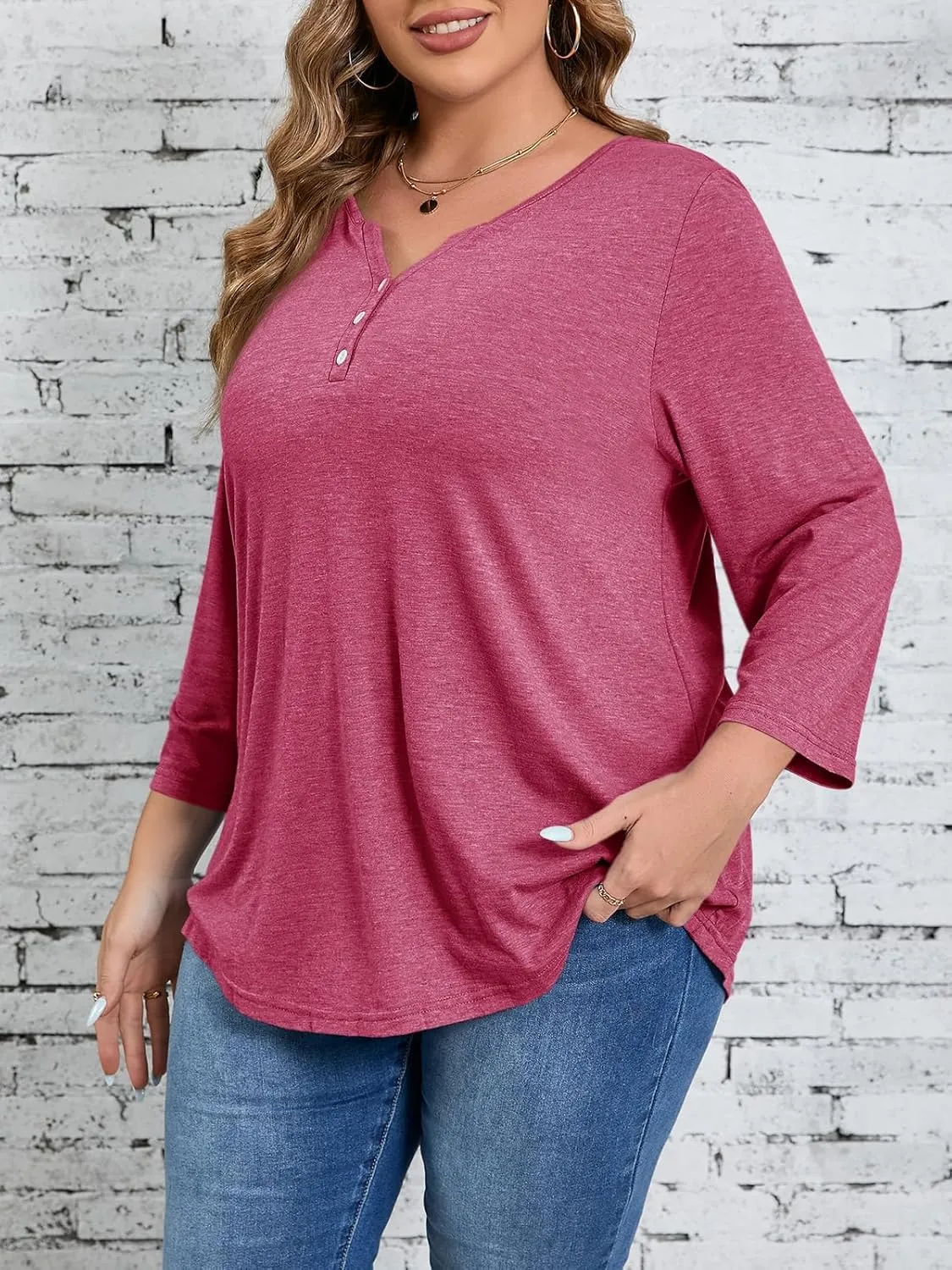 Beautife Womens Plus Size T-Shirts V Neck 3/4 Sleeve Tops Fall Henley Shirts Casual Basic Loose Fit Blouses