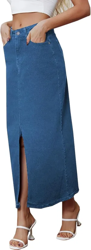 BestGirl Long Denim Skirts for Women High Waist A line Jean Maxi Skirt with Pockets