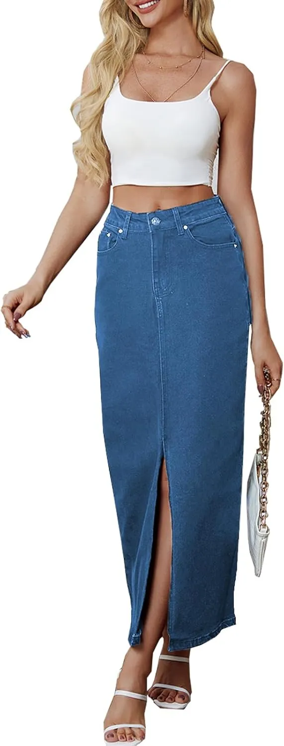 BestGirl Long Denim Skirts for Women High Waist A line Jean Maxi Skirt with Pockets