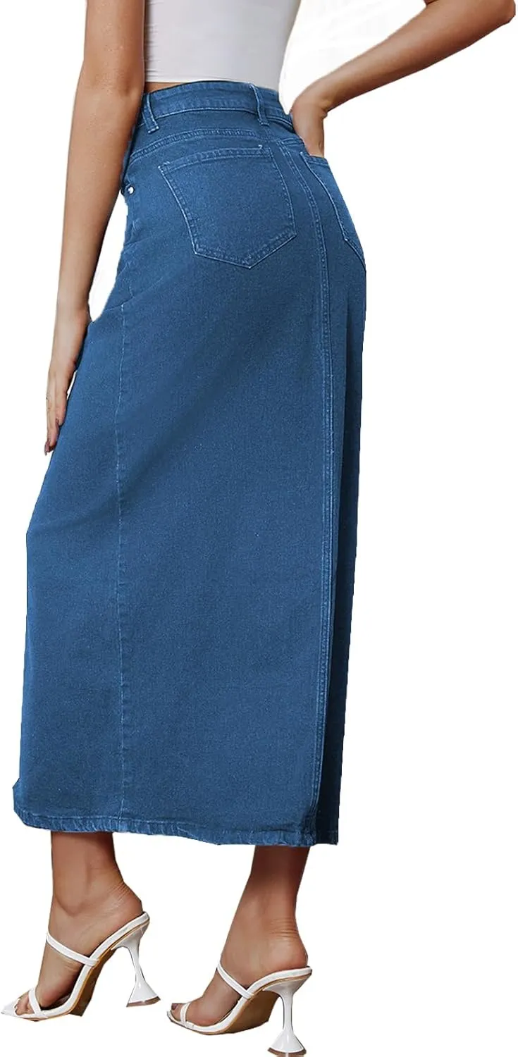 BestGirl Long Denim Skirts for Women High Waist A line Jean Maxi Skirt with Pockets