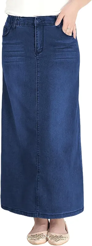 BestGirl Long Denim Skirts for Women High Waist A line Jean Maxi Skirt with Pockets