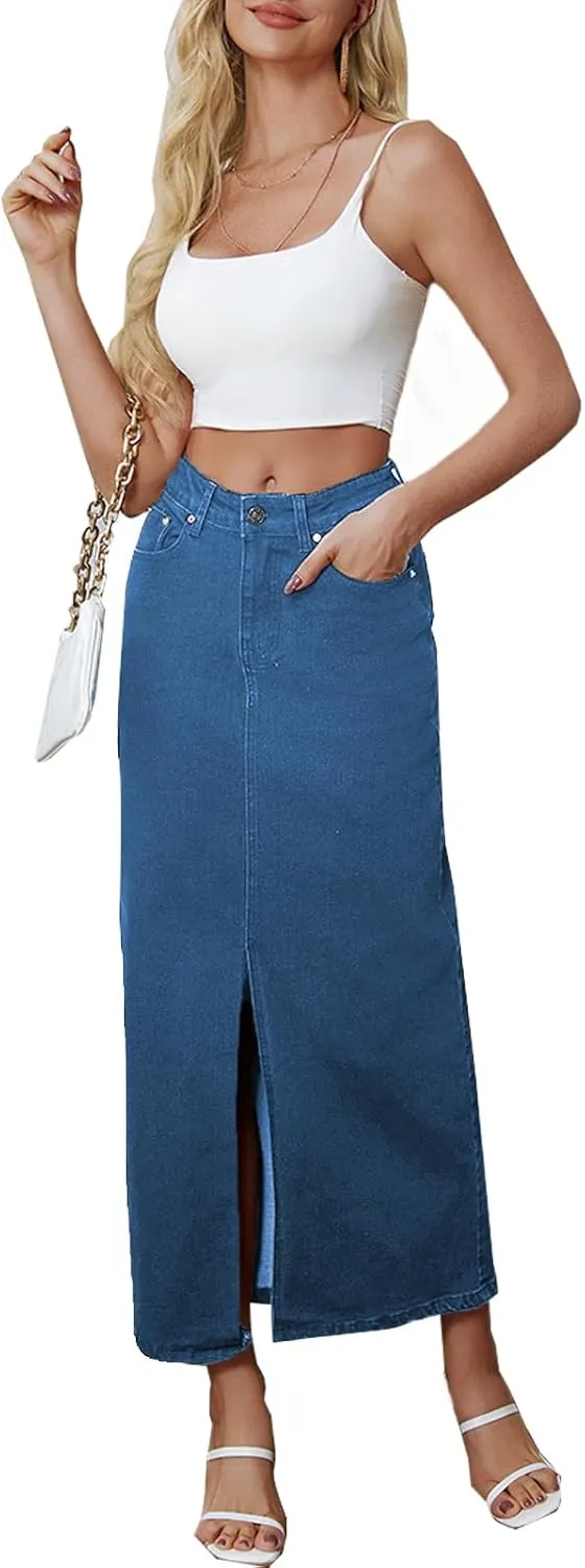 BestGirl Long Denim Skirts for Women High Waist A line Jean Maxi Skirt with Pockets