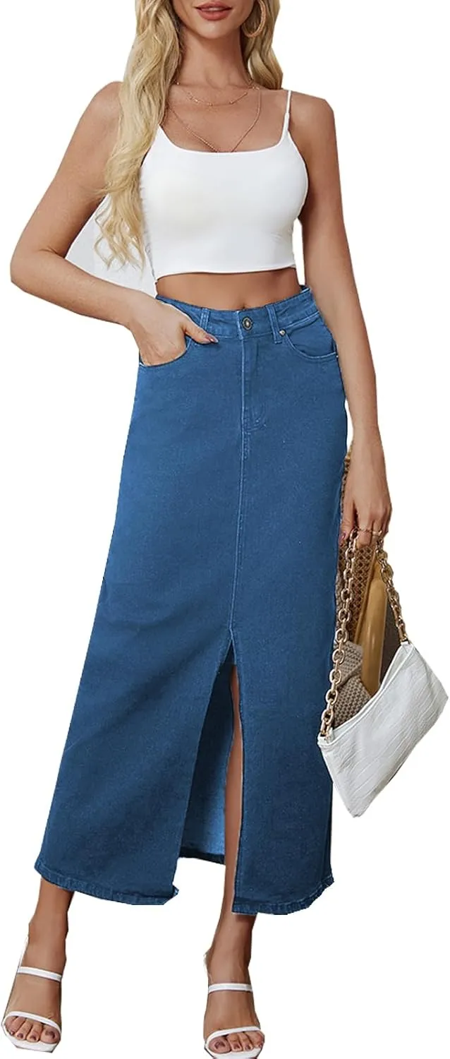 BestGirl Long Denim Skirts for Women High Waist A line Jean Maxi Skirt with Pockets