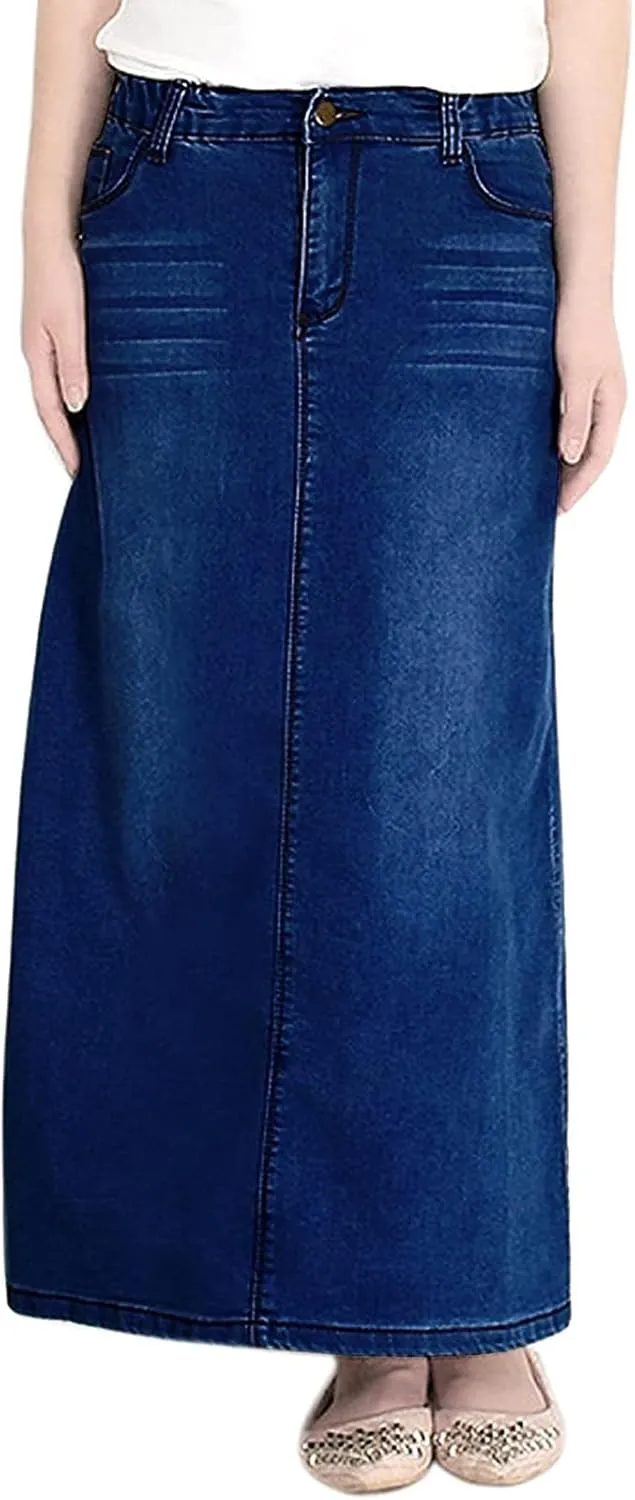 BestGirl Long Denim Skirts for Women High Waist A line Jean Maxi Skirt with Pockets