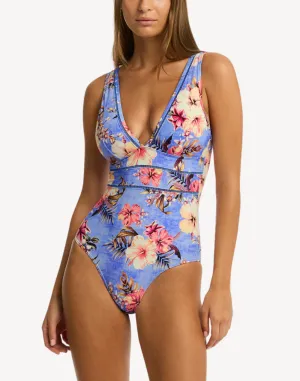 Blue Hawaii Spliced One Piece Swimsuit