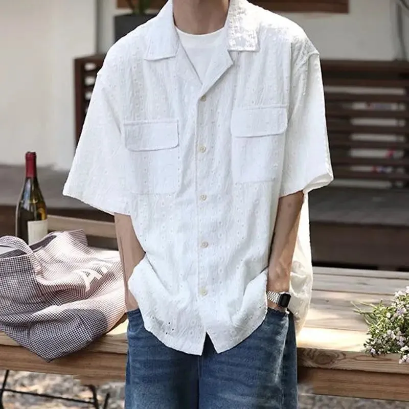 Bonsir Men Clothing 2024 Summer Vintage Simple Casual Cuban Collar White Shirt Y2K Fashion Embroidery Hollow Short Sleeve Pockets Tops