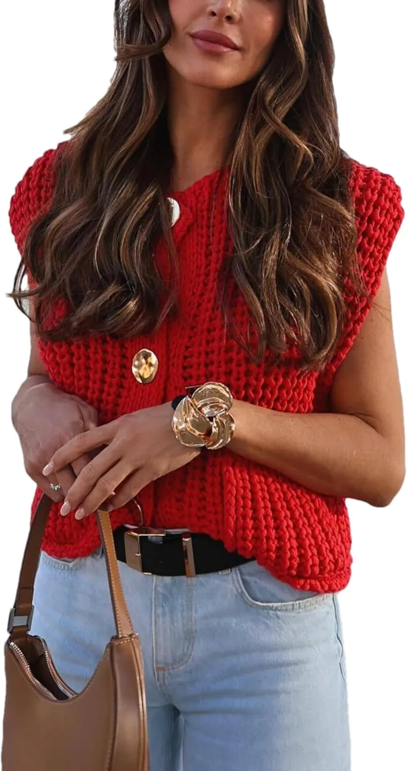 Bozanly Womens Chunky Knit Sweater Vest Cute Button Down Sleeveless Crop Crochet Cardigan Vest 2025