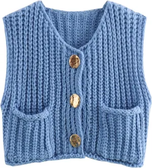 Bozanly Womens Chunky Knit Sweater Vest Cute Button Down Sleeveless Crop Crochet Cardigan Vest 2025