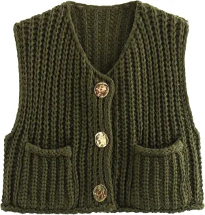 Bozanly Womens Chunky Knit Sweater Vest Cute Button Down Sleeveless Crop Crochet Cardigan Vest 2025