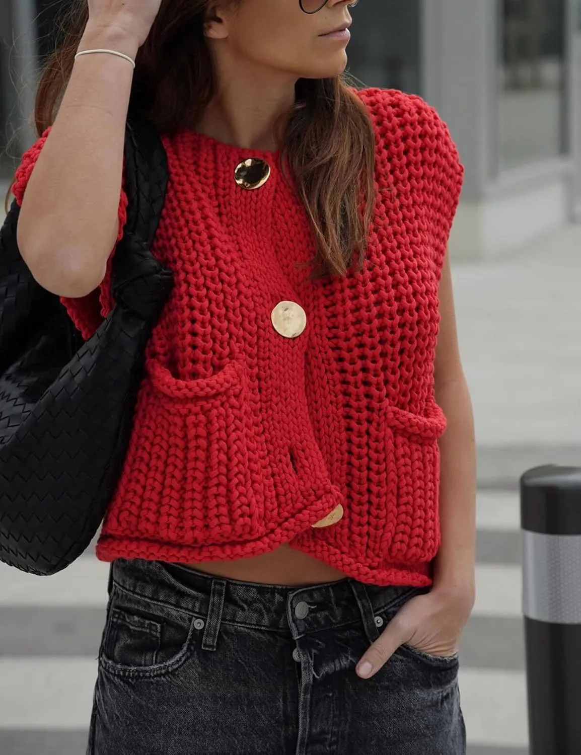 Bozanly Womens Chunky Knit Sweater Vest Cute Button Down Sleeveless Crop Crochet Cardigan Vest 2025