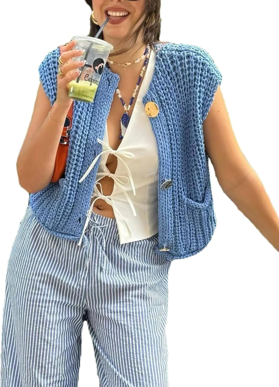 Bozanly Womens Chunky Knit Sweater Vest Cute Button Down Sleeveless Crop Crochet Cardigan Vest 2025