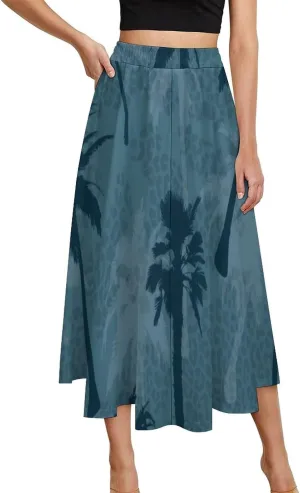 Breathable Blue Coconut Print Midi Skirt High Elastic Waist Pleated Boho Beach Skirt