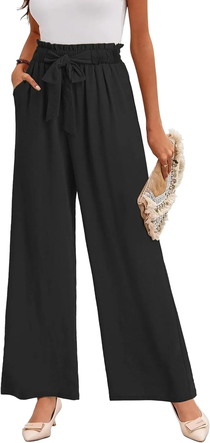 Buauty Wide Leg Palazzo Pants Woman with Pockets High Waist Pant Adjustable Knot Loose Trousers Business Casual Work Pants Black