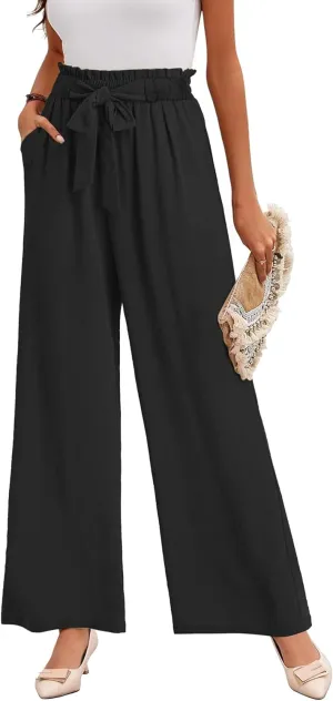 Buauty Wide Leg Palazzo Pants Woman with Pockets High Waist Pant Adjustable Knot Loose Trousers Business Casual Work Pants Black