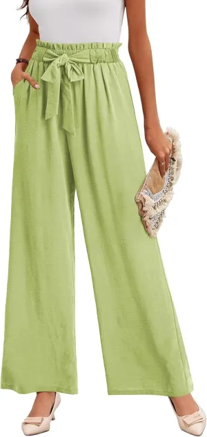 Buauty Wide Leg Palazzo Pants Woman with Pockets High Waist Pant Adjustable Knot Loose Trousers Business Casual Work Pants Green