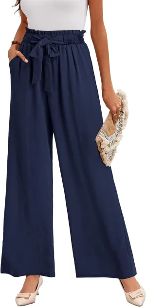 Buauty Wide Leg Palazzo Pants Woman with Pockets High Waist Pant Adjustable Knot Loose Trousers Business Casual Work Pants