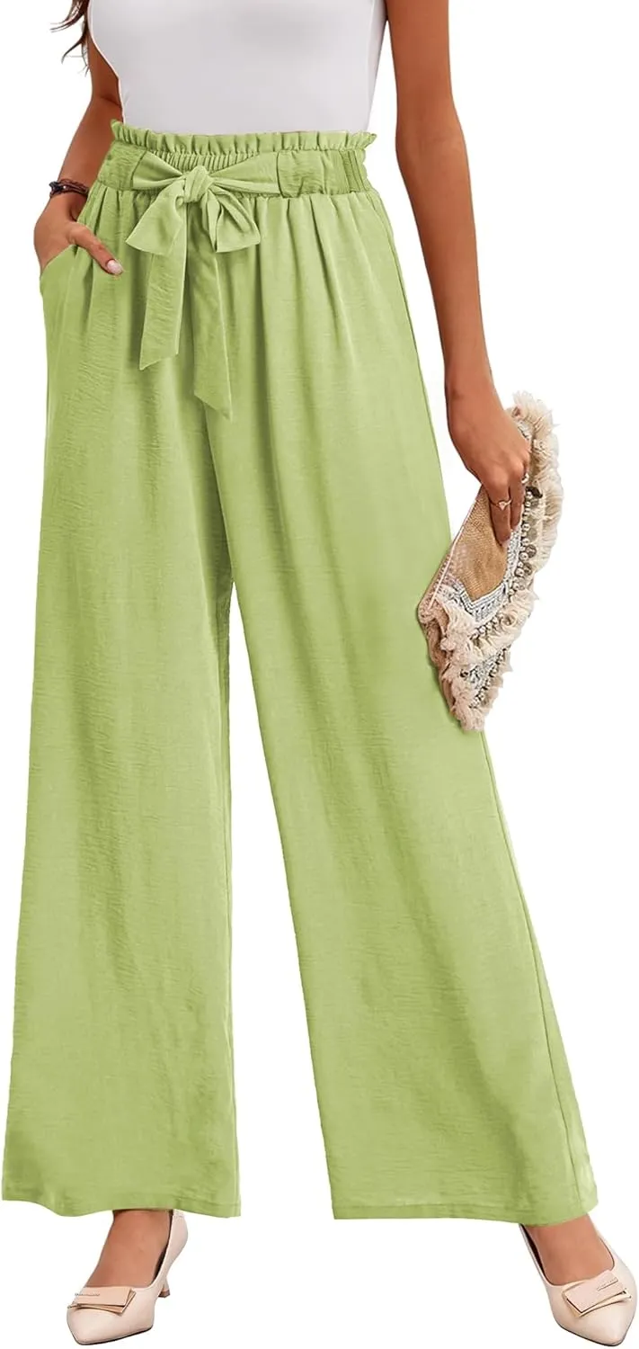 Buauty Wide Leg Palazzo Pants Woman with Pockets High Waist Pant Adjustable Knot Loose Trousers Business Casual Work Pants