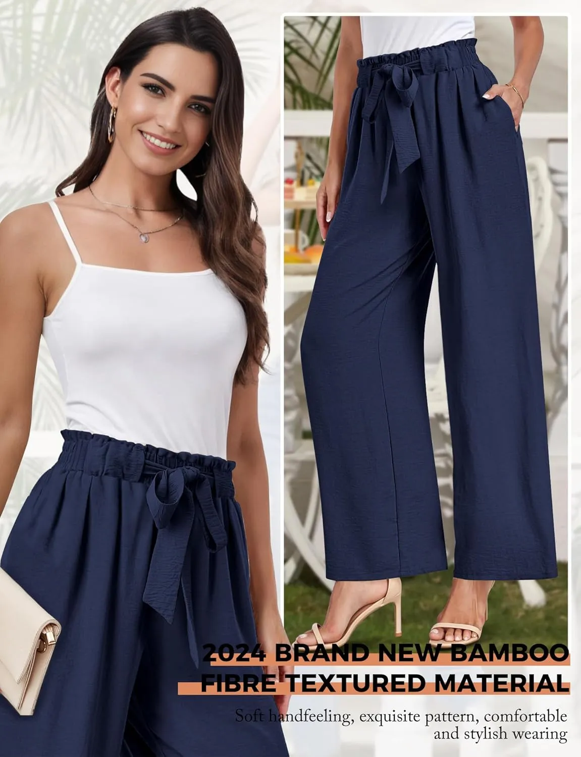 Buauty Wide Leg Palazzo Pants Woman with Pockets High Waist Pant Adjustable Knot Loose Trousers Business Casual Work Pants