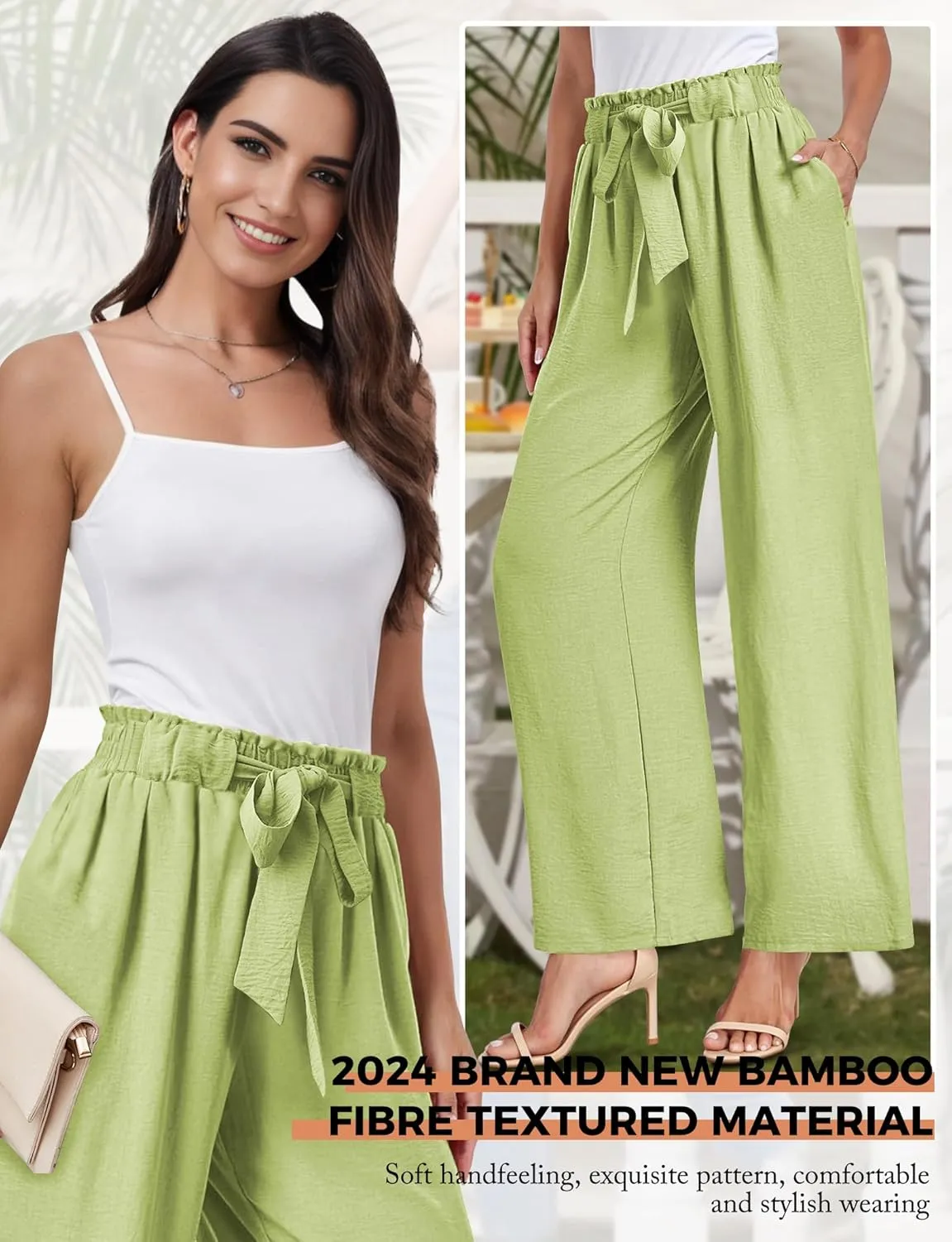 Buauty Wide Leg Palazzo Pants Woman with Pockets High Waist Pant Adjustable Knot Loose Trousers Business Casual Work Pants
