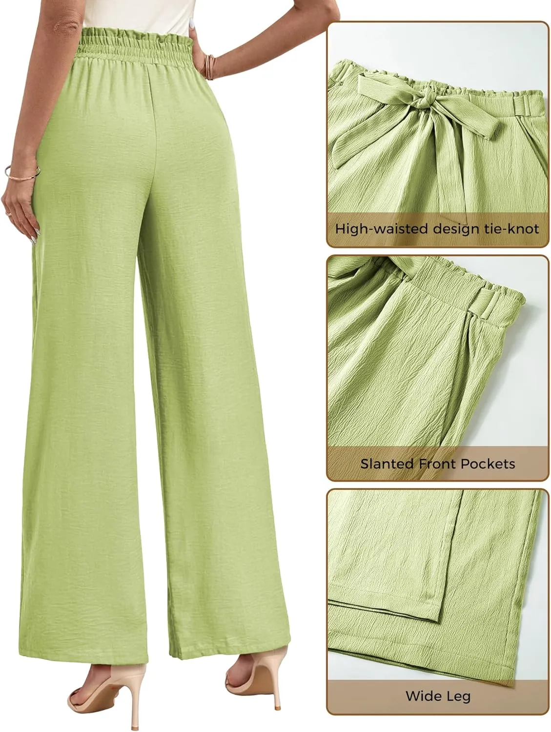 Buauty Wide Leg Palazzo Pants Woman with Pockets High Waist Pant Adjustable Knot Loose Trousers Business Casual Work Pants