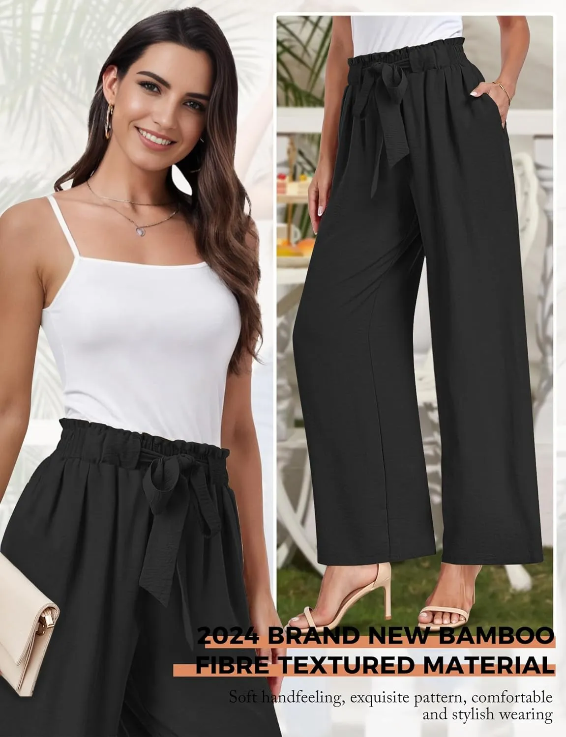 Buauty Wide Leg Palazzo Pants Woman with Pockets High Waist Pant Adjustable Knot Loose Trousers Business Casual Work Pants