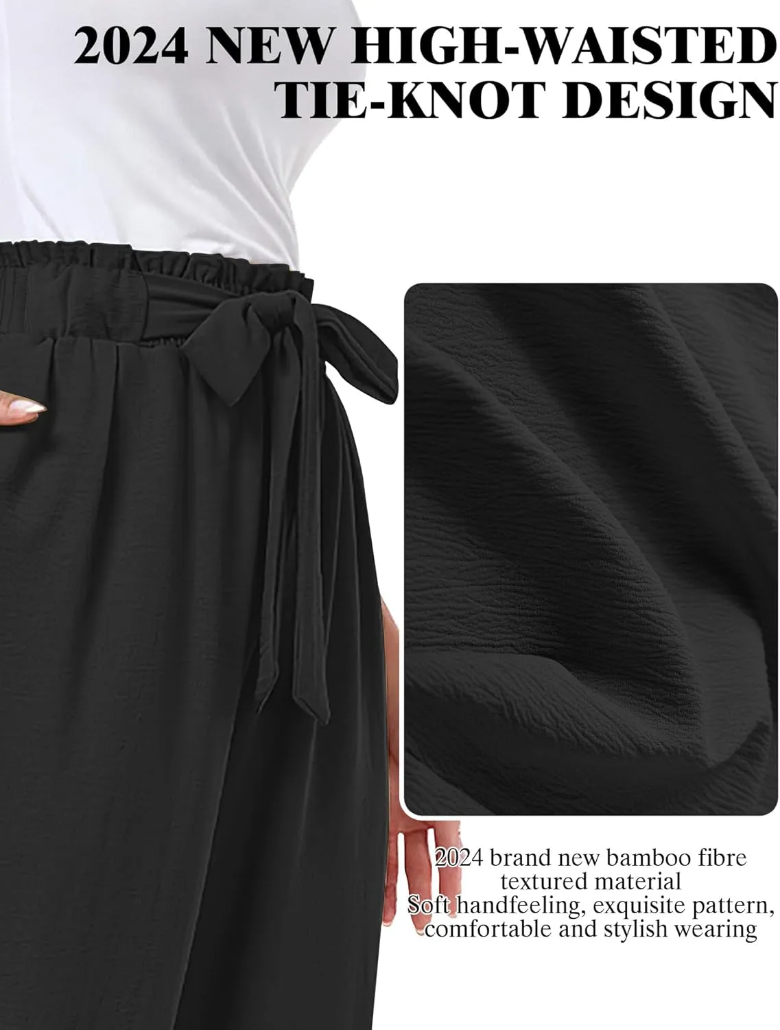 Buauty Wide Leg Palazzo Pants Woman with Pockets High Waist Pant Adjustable Knot Loose Trousers Business Casual Work Pants