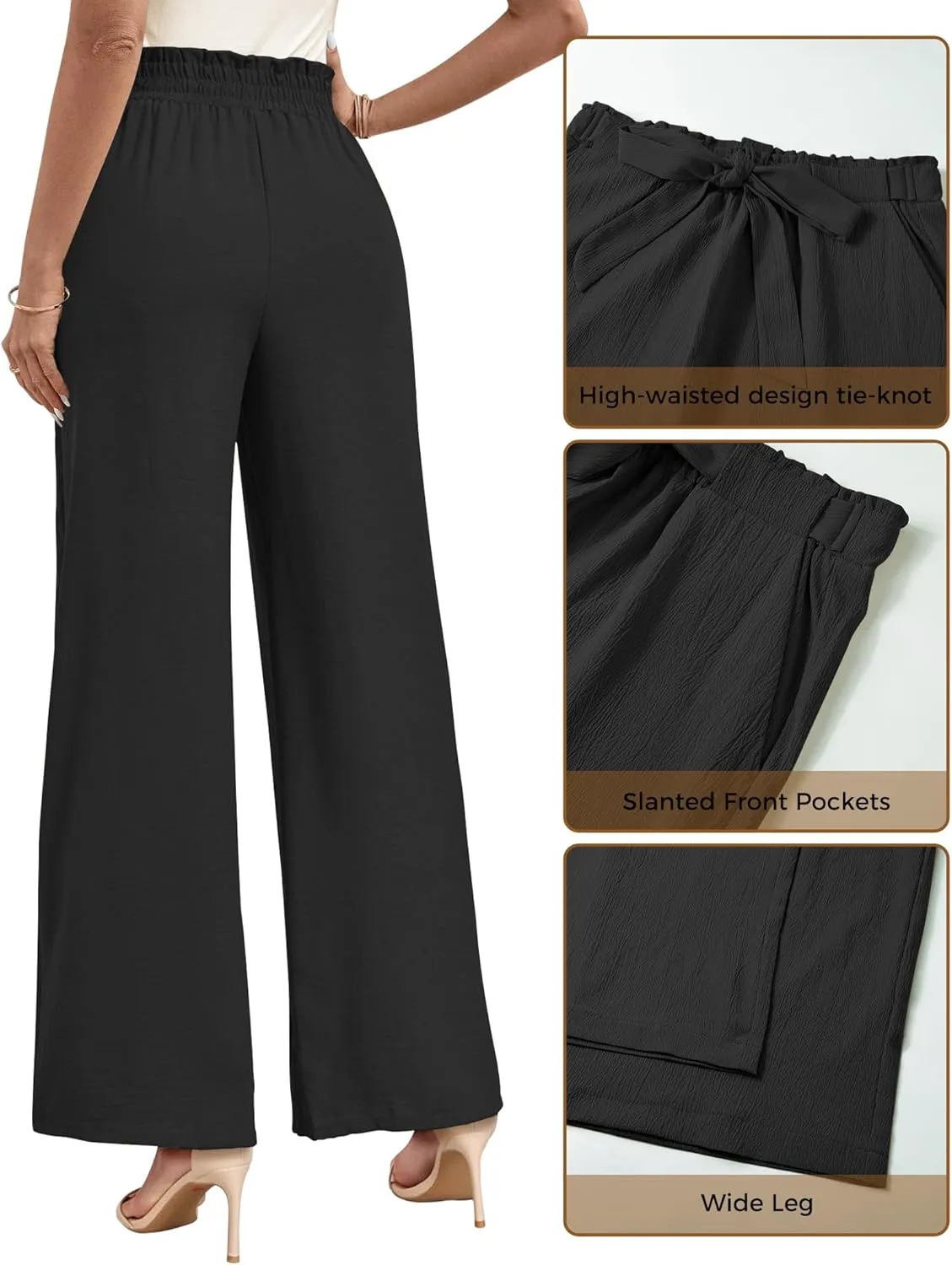 Buauty Wide Leg Palazzo Pants Woman with Pockets High Waist Pant Adjustable Knot Loose Trousers Business Casual Work Pants