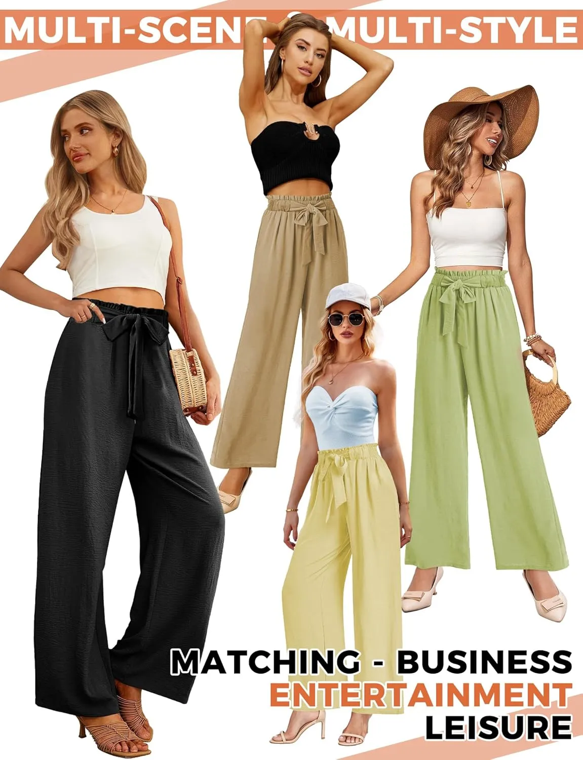 Buauty Wide Leg Palazzo Pants Woman with Pockets High Waist Pant Adjustable Knot Loose Trousers Business Casual Work Pants