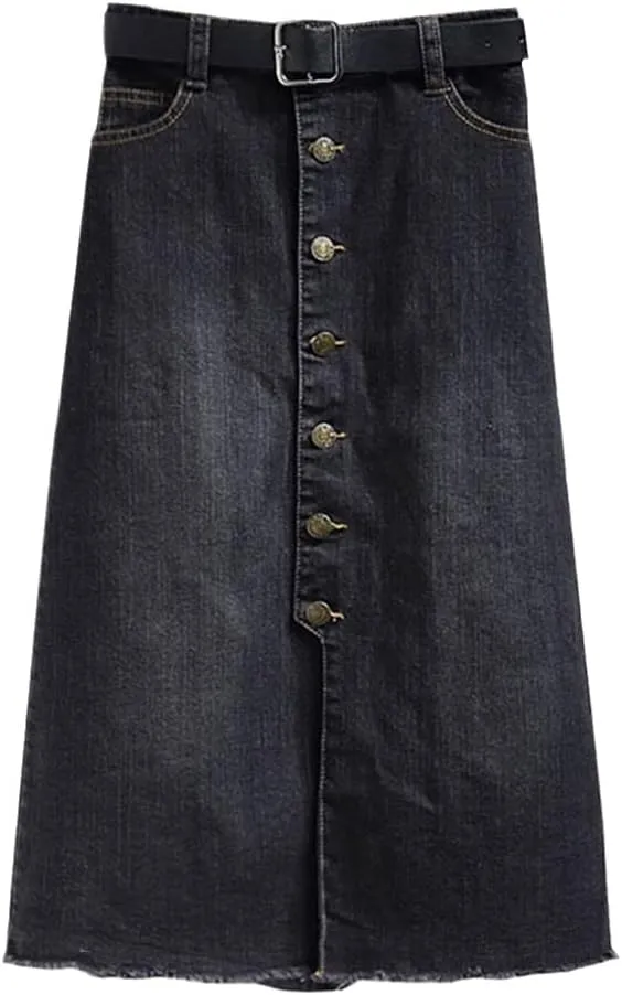 Button Up Straight Pencil Cotton Denim Skirts Summer Vintage Front Split Ripped Midi Long Black Skirt