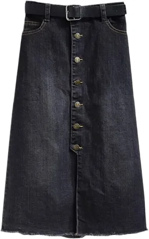 Button Up Straight Pencil Cotton Denim Skirts Summer Vintage Front Split Ripped Midi Long Black Skirt