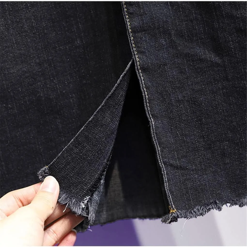 Button Up Straight Pencil Cotton Denim Skirts Summer Vintage Front Split Ripped Midi Long Black Skirt
