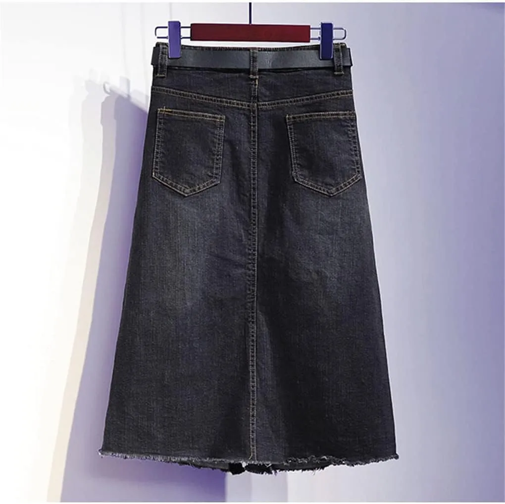 Button Up Straight Pencil Cotton Denim Skirts Summer Vintage Front Split Ripped Midi Long Black Skirt