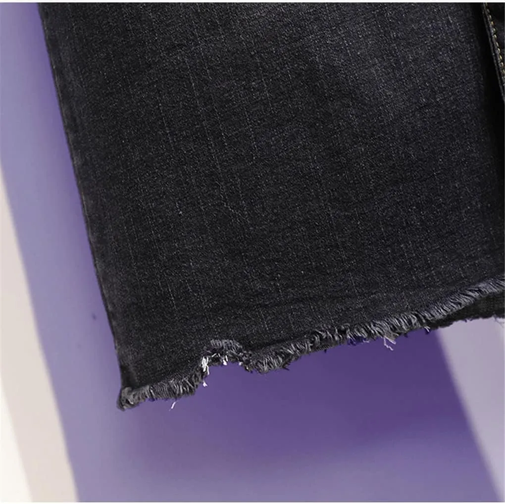 Button Up Straight Pencil Cotton Denim Skirts Summer Vintage Front Split Ripped Midi Long Black Skirt