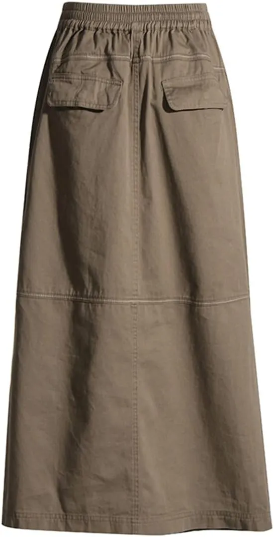 Camo Skirts for Women High Waisted Cargo Long Skirts Stretchy Drawstring Swing Maxi Skirt with Pockets