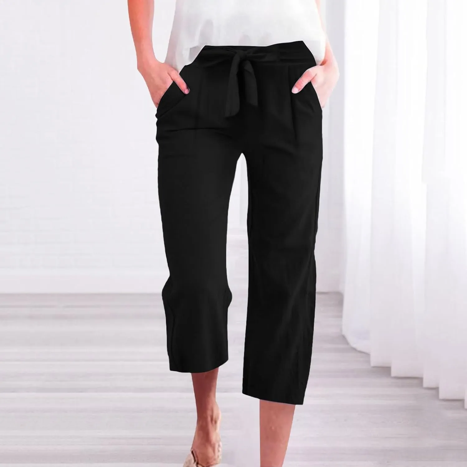 Capri Pants for Women Casual 2025 Summer Solid Color Elastic High Waist Straight Wide Leg Pockets Linen Pant
