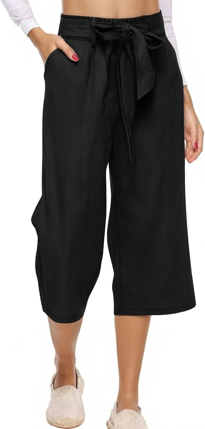 Capri Pants for Women Casual 2025 Summer Solid Color Elastic High Waist Straight Wide Leg Pockets Linen Pant