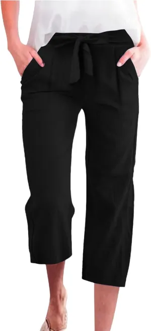 Capri Pants for Women Casual 2025 Summer Solid Color Elastic High Waist Straight Wide Leg Pockets Linen Pant