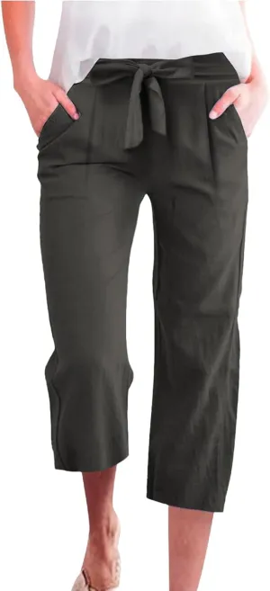 Capri Pants for Women Casual 2025 Summer Solid Color Elastic High Waist Straight Wide Leg Pockets Linen Pant