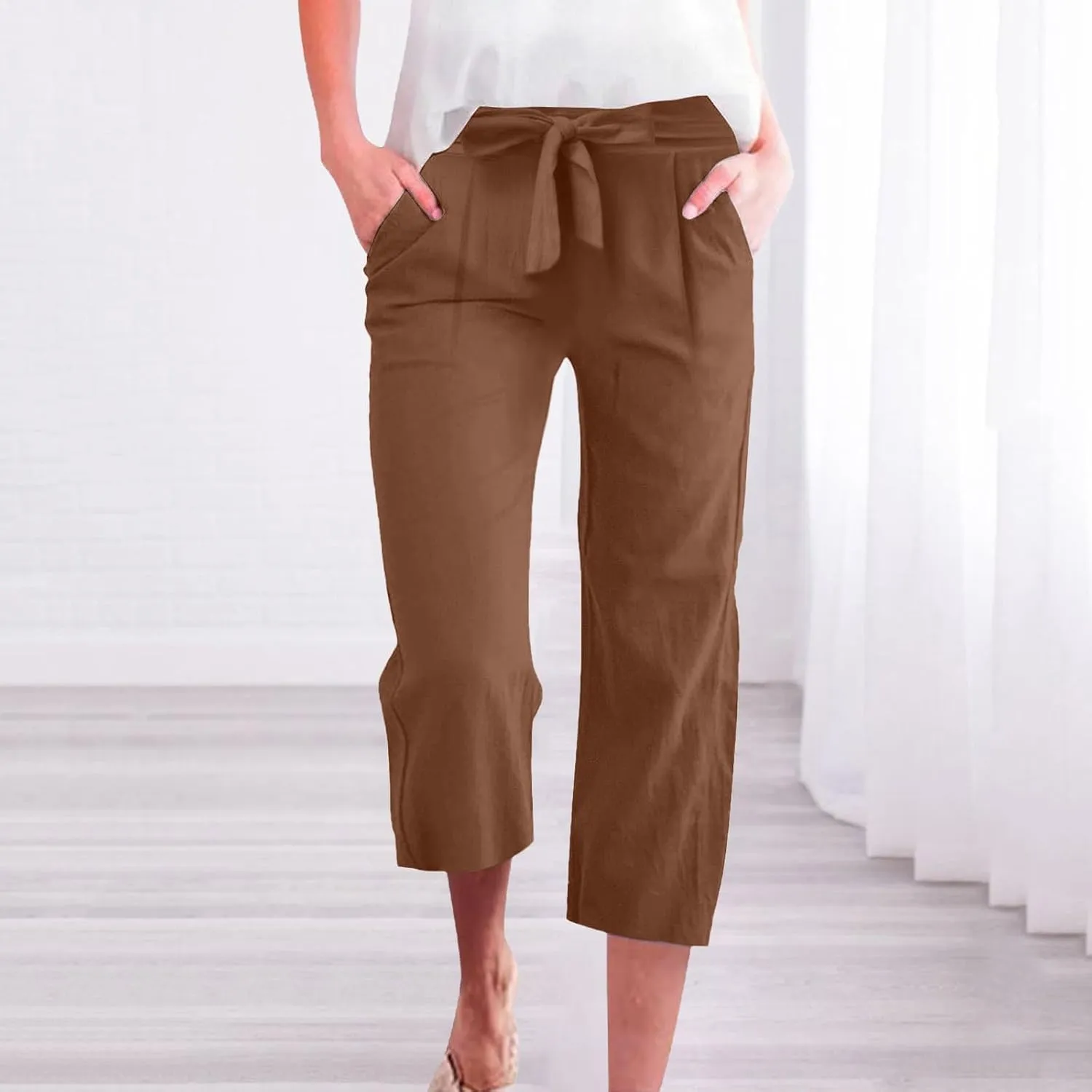 Capri Pants for Women Casual 2025 Summer Solid Color Elastic High Waist Straight Wide Leg Pockets Linen Pant