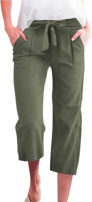Capri Pants for Women Casual 2025 Summer Solid Color Elastic High Waist Straight Wide Leg Pockets Linen Pant