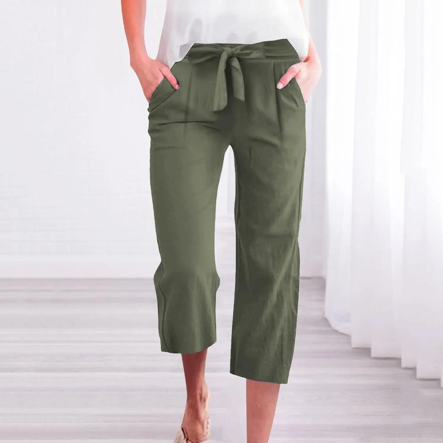 Capri Pants for Women Casual 2025 Summer Solid Color Elastic High Waist Straight Wide Leg Pockets Linen Pant