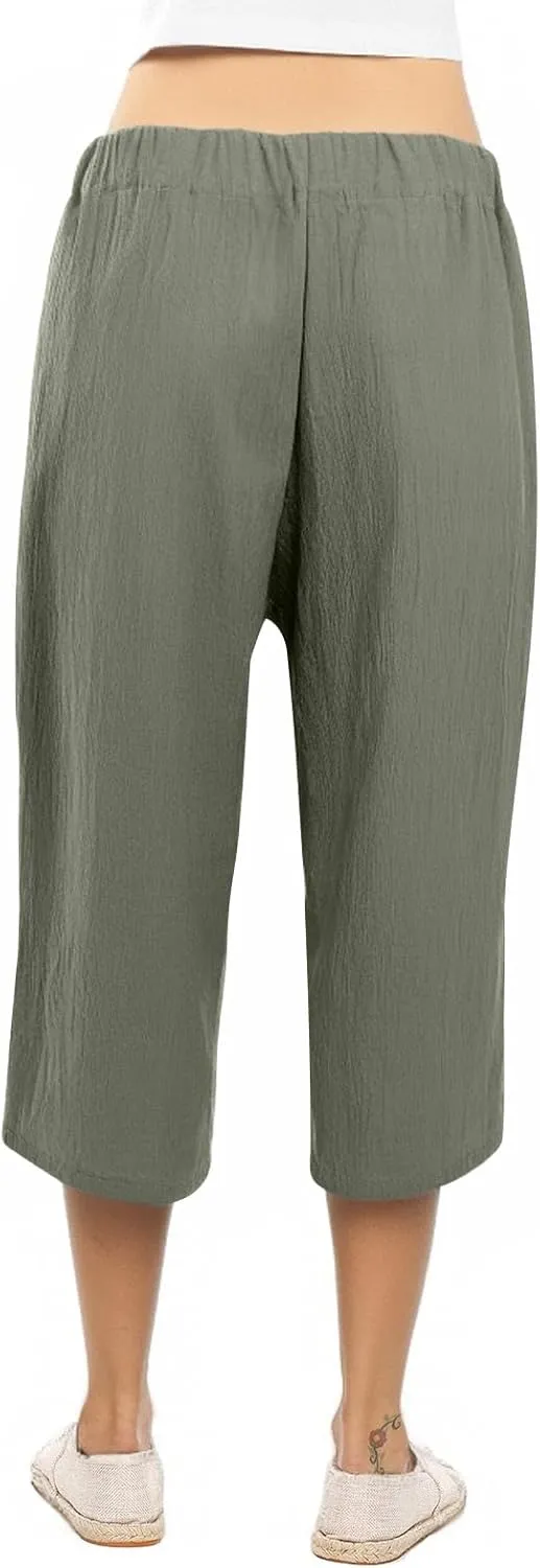Capri Pants for Women Casual 2025 Summer Solid Color Elastic High Waist Straight Wide Leg Pockets Linen Pant