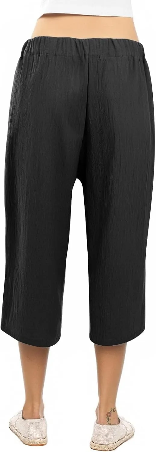Capri Pants for Women Casual 2025 Summer Solid Color Elastic High Waist Straight Wide Leg Pockets Linen Pant