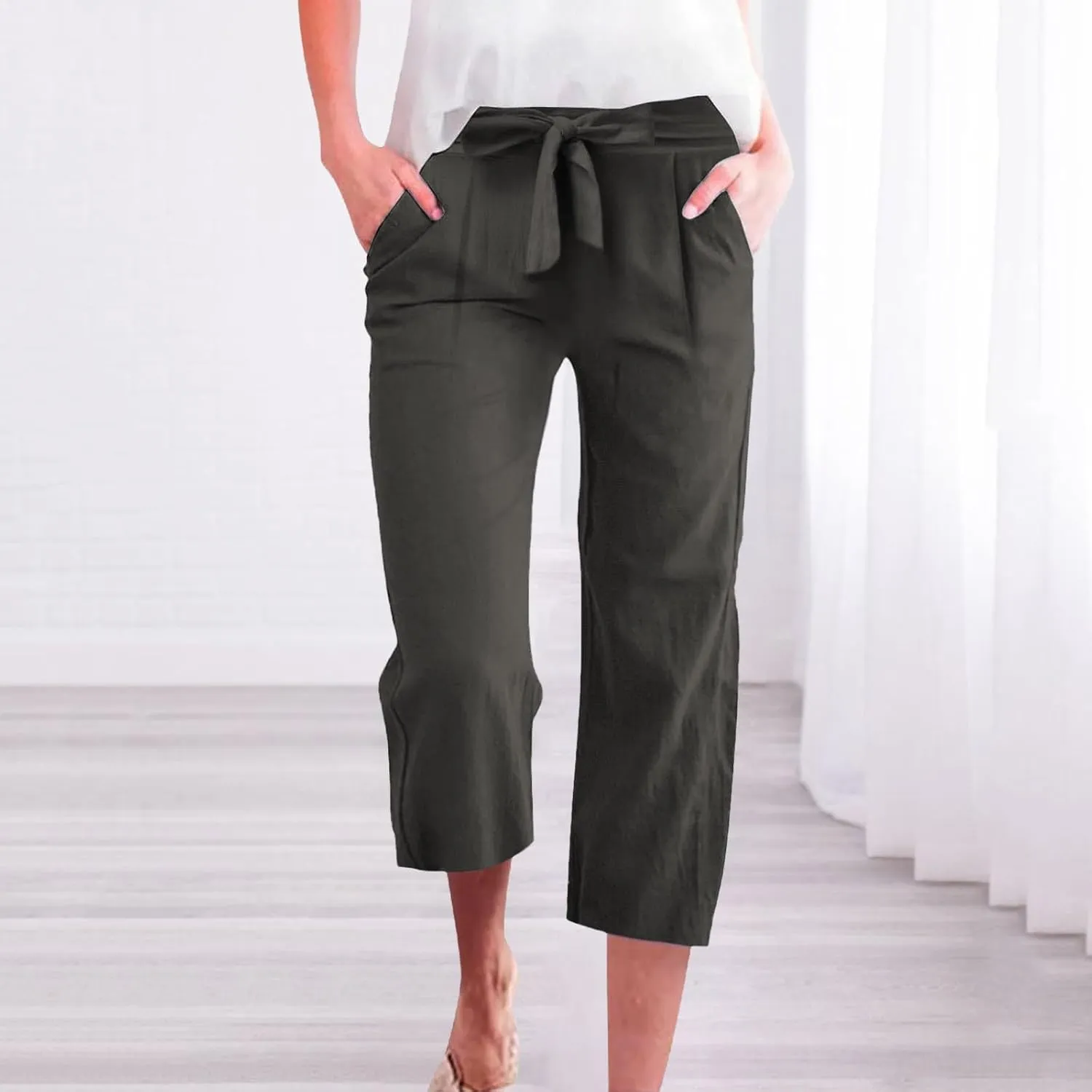Capri Pants for Women Casual 2025 Summer Solid Color Elastic High Waist Straight Wide Leg Pockets Linen Pant