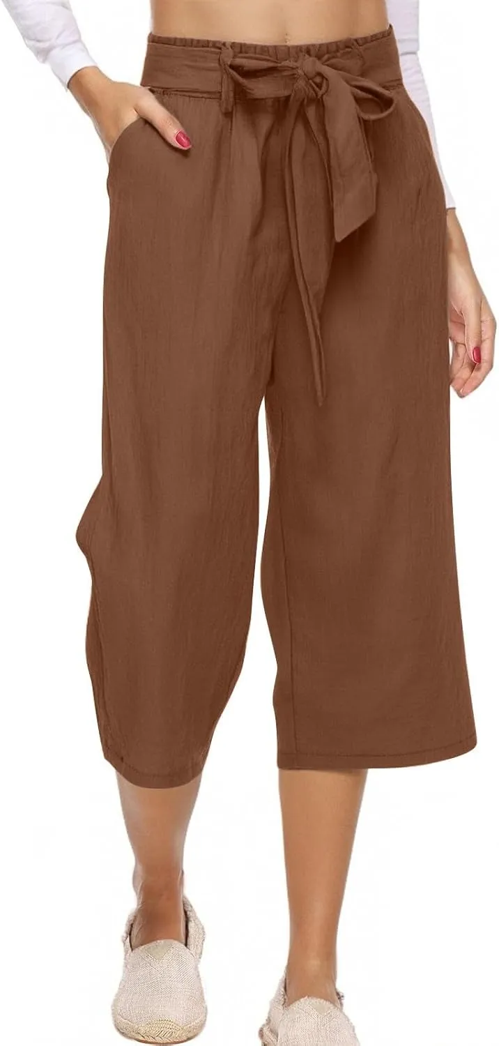 Capri Pants for Women Casual 2025 Summer Solid Color Elastic High Waist Straight Wide Leg Pockets Linen Pant