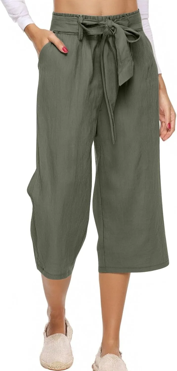 Capri Pants for Women Casual 2025 Summer Solid Color Elastic High Waist Straight Wide Leg Pockets Linen Pant